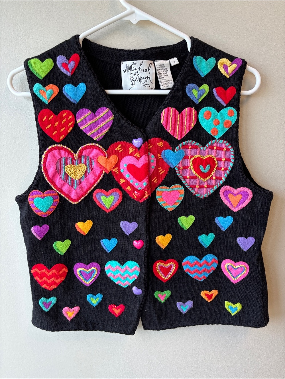 Michael Simon vintage Black Sweater vest with Pink and Yellow Embroidery hearts
